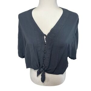 Sim & Sam‎ Button Front Tie Hem Top Blue Small Boho V-Neck Womens Small Casual